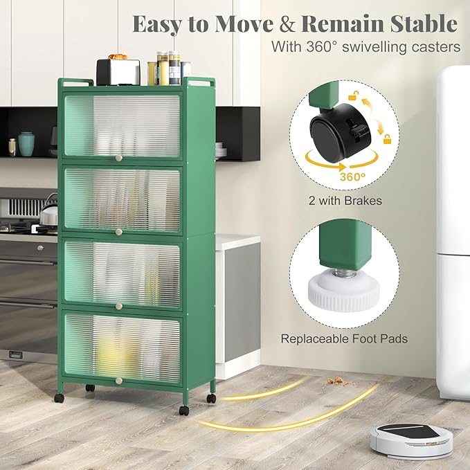 Giantex 5-Tier Kitchen Storage Cabinet, Mobile Microwave Stand with Flip-up PC Doors, Freestanding Kitchen Bakers Rack with 4 Rolling Casters, for Dining Room, Living Room and Study, Green