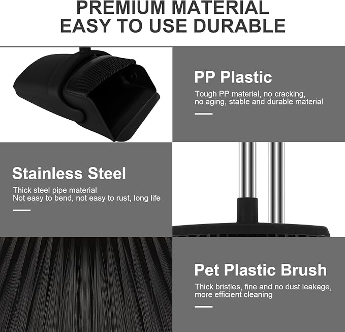 Black Broom and Dustpan Combo Set, Built-in Comb Dustpan, Space-Saving Storage - Image 4