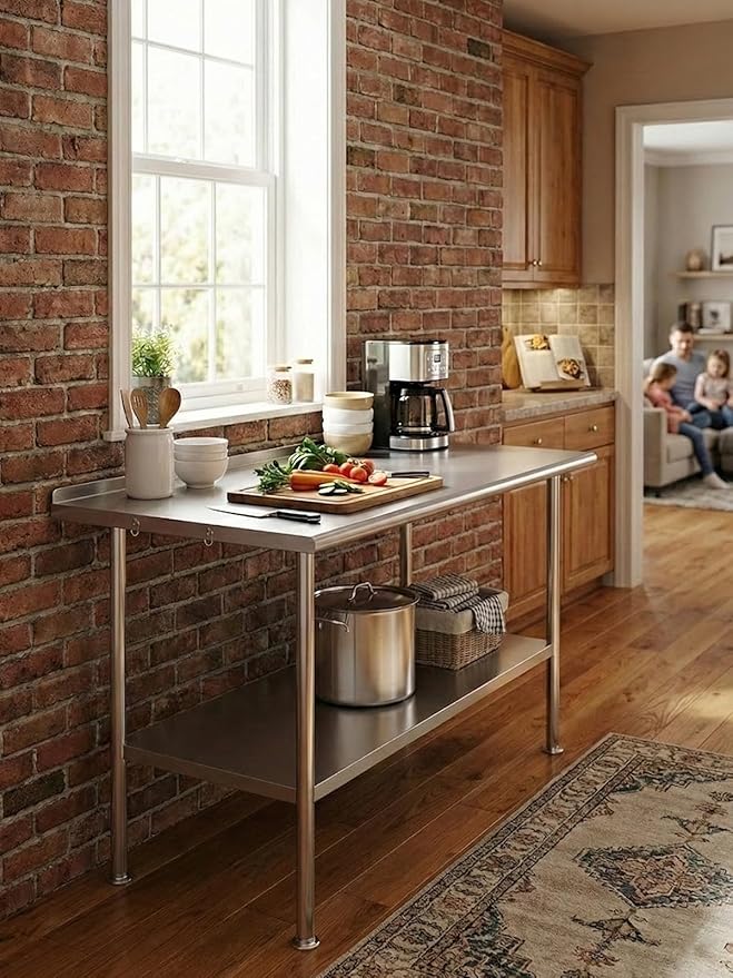 All-Stainless Steel Prep Table, 24 X 48 Inch, with Rounded-Corner Backsplash and Adjustable Undershelf, Heavy-Duty for Outdoor Use,Restaurants,Hotels,Workshops,Kitchens,Gardens, and Garages