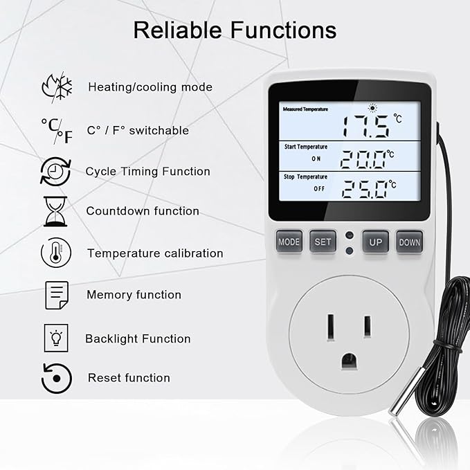 KETOTEK Digital Temperature Controller Thermostat Outlet Plug 120V with LCD Backlight, Heating Cooling Temperature Controlled Outlet 110V 15A with 3m Sensor