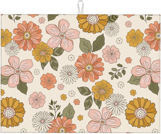 Pink Flowers Dish Drying Mat For Kitchen Counter, Super Absorbent Microfiber by indokyeyqaz