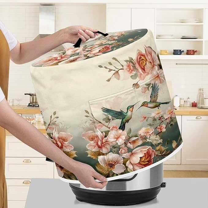 Xoenoiee Hummingbird Vintage Floral Print Kitchen Appliance Dust Cover with Pockets, Electric Pressure Cooker Cover Compatible with Crock Pot, Rice Cooker Cover, for 8 Qt Pot