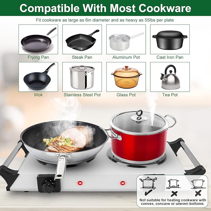 2000W Double Burner Electric, Portable Hot Plate for Cooking, Cooking Stove with 5 Temperature Adjustments, Countertop Burner Cooktop for Kitchen, Dorm (2Burner_White, 21x10x4")