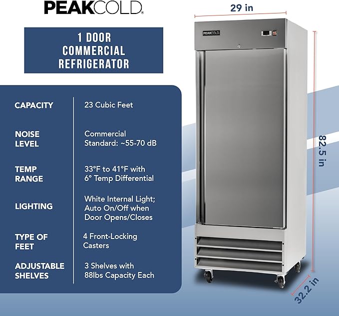 PEAKCOLD Single Door Commercial Refrigerator - 23 Cubic Ft, 29" Wide Stainless Steel Reach-In Commercial Refrigerator with White Internal Lighting - Freestanding Industrial Fridge