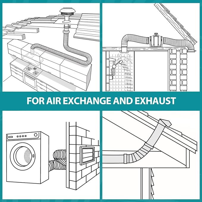 HG Power 4 Inch 8 FT Dryer Vent Hose, Flexible Aluminum Air Ducting, Heavy-Duty Dryer Hose with 2 Clamps, Dryer Duct Kit for HVAC Ventilation Heating Cooling Exhaust