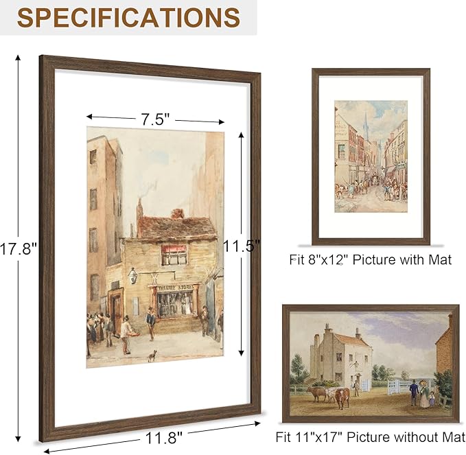 Vittanly 11x17 Picture Frame, Solid Wood Frame with Plexiglass, Includes 8x12 Mat, Wall Hanging or Tabletop for Photos, Home Decor, Brown, 1 Pack