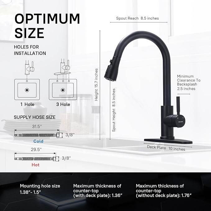 WEWE Pull-Down Kitchen Faucet, Leak-Proof, Matte Black, Single Handle | - Image 3