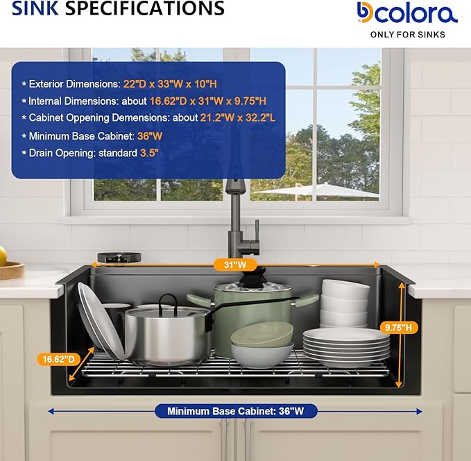 Dcolora 33 In. Black Kitchen Sink with Cup Washer, Large Single Bowl Drop In Installation, Heavy Duty 16 Gauge 304 Stainless Steel, Workstation with Valued Accessories, #DC-T2533001BWS 33"x22"x10"