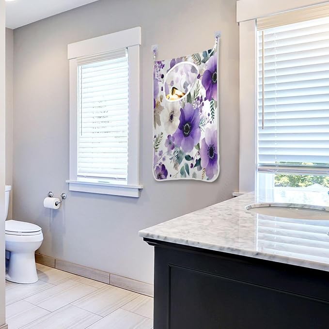 Purple and White Silver Lotus Flowers and Berries Hanging Laundry Hamper Door - Image 7