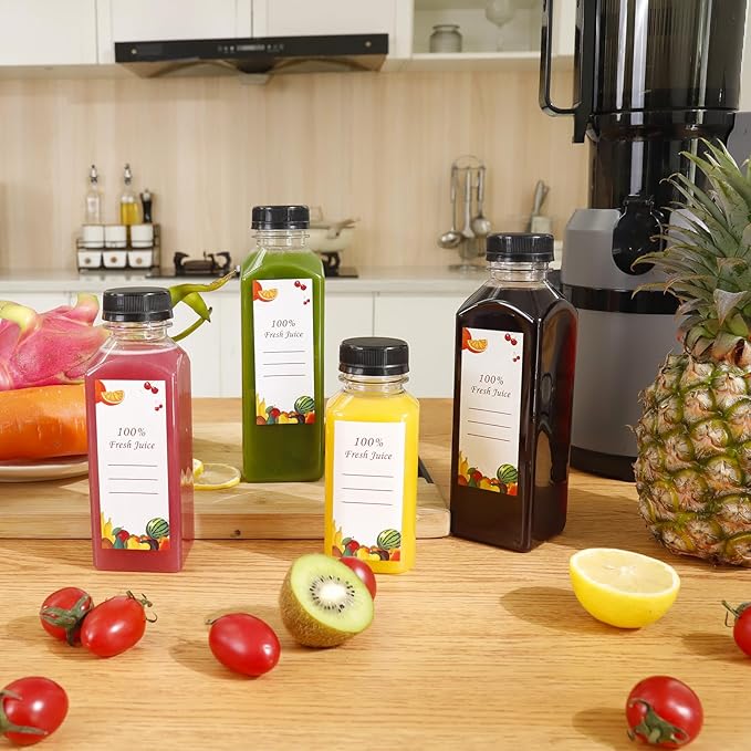 Plastic Juice Bottles 150 pcs 12 oz Empty Plastic Water Bottles with Caps Reusable Clear Beverage Containers for Drinking, Juicing, Smoothie, Water with 2 Brushes, 2 Funnels, 160 Stickers (12 OZ)