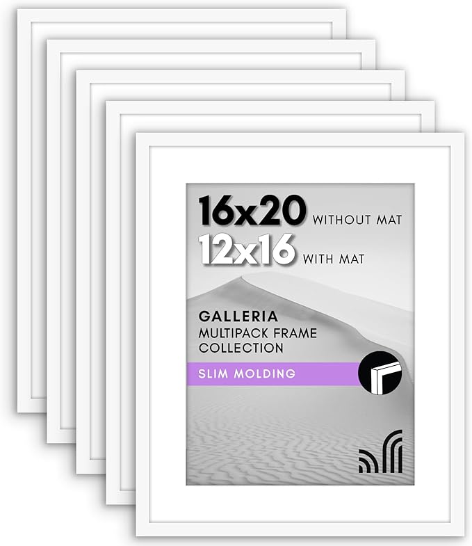 Americanflat 16x20 Picture Frame with Polished Plexiglass - Set of 5 - Use as 12x16 Frame with Mat or Display 16x20 Photo Without Mat - Galleria Collection - Picture Frames for Wall Display - White