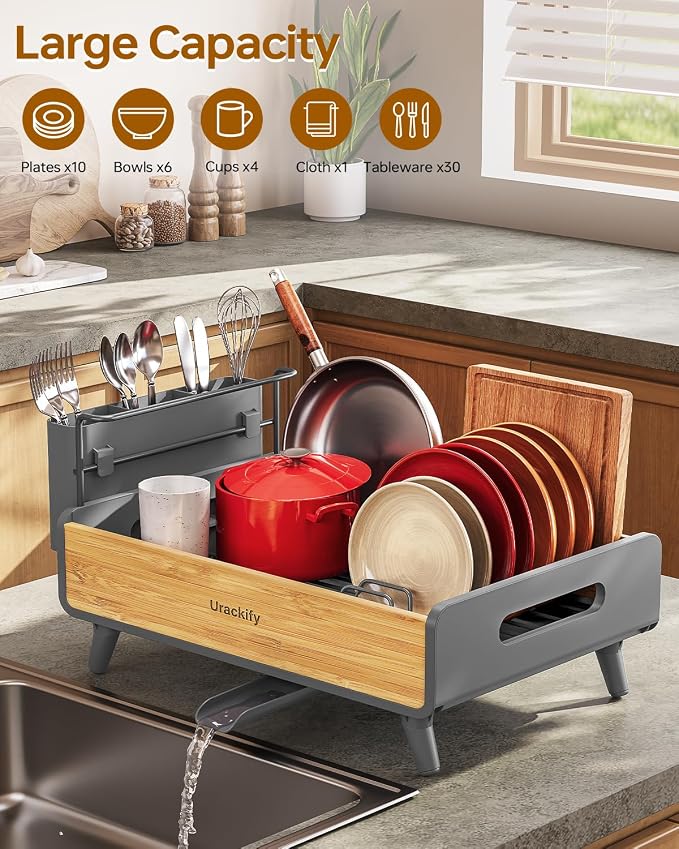 Urackify Modern Dish Rack for Kitchen Counter, Stainless Steel & Bamboo - Image 2