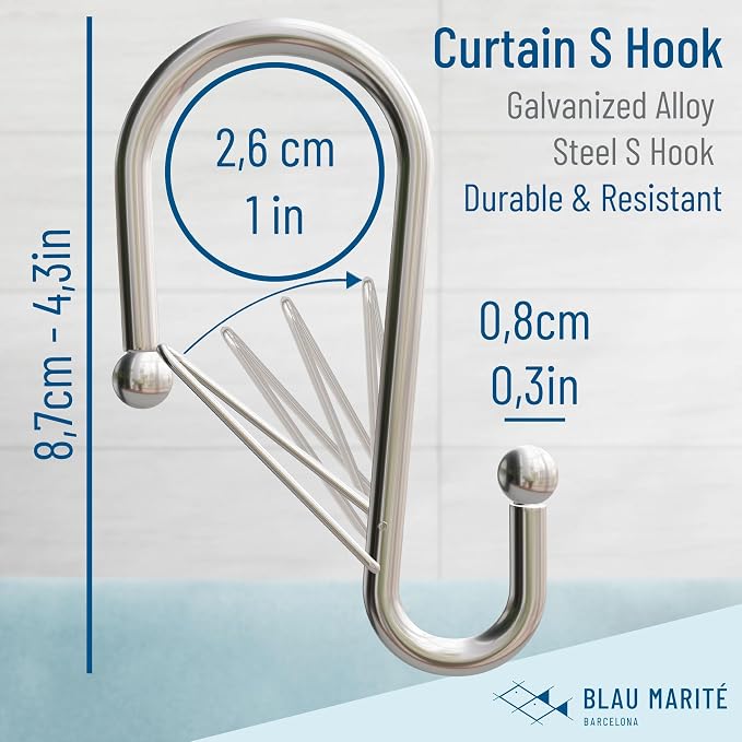 Set of 12 Silver Metal S Hook Shower Hooks 1” – Closed, Heavy Duty, Long - Image 3