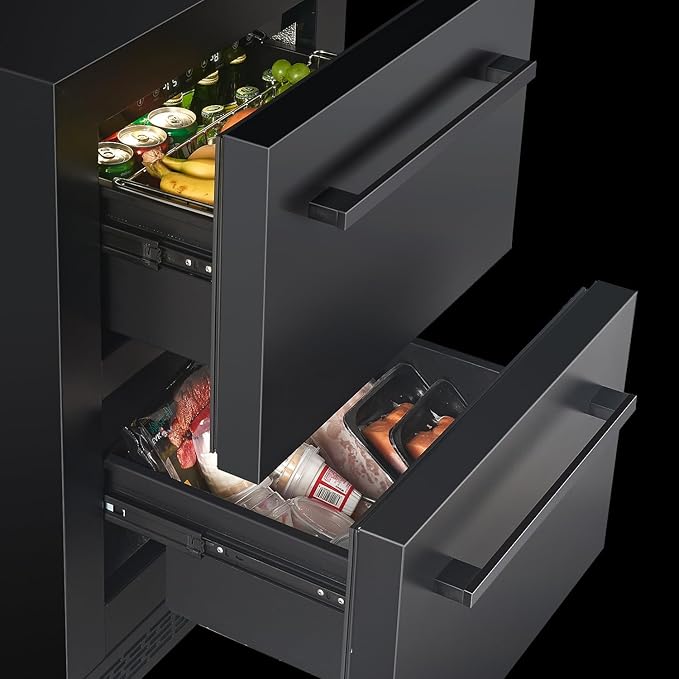 24' mini fridge Under Counter Double Drawer Beverage Refrigerator, Indoor & Outdoor Fridge for Patio, Kitchen & Bar, Weatherproof, Black