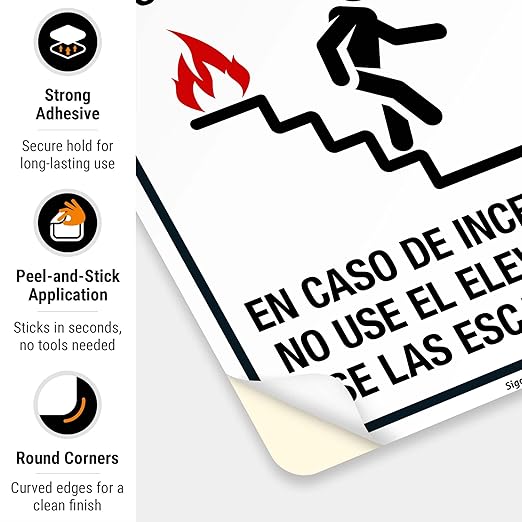 in Case of Fire Do Not Use Elevator Use The Stairs Bilingual Sign, Fire Safety Sign, 10x7 Inches, 4 Mil Vinyl Decal Stickers Weather Resistant UV Protected, Made in USA