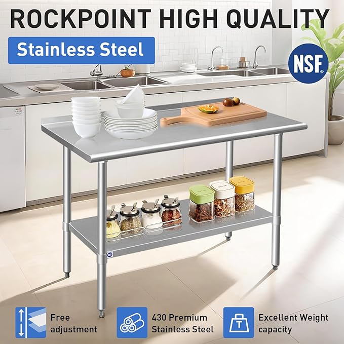 ROCKPOINT Stainless Steel Table for Prep & Work with Backsplash 30x60 Inches, NSF Metal Commercial Kitchen Heavy Duty Table with Adjustable Under Shelf and Table Foot for Restaurant, Home and Hotel