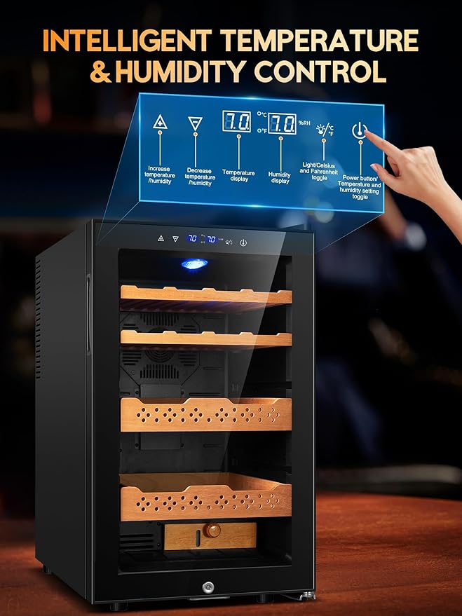 Electric Humidor 70L,400 Counts Capacity,Smart Temp & Humidity Control (59-72°F, 60-75% RH),Digital LED Screen,Safety Lock,Thermostatic Cooler Gift for Men