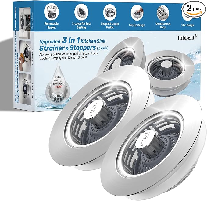 Hibbent 2 Pack Metal Kitchen Sink Drain Strainer and Stopper, Transparent by Hibbent