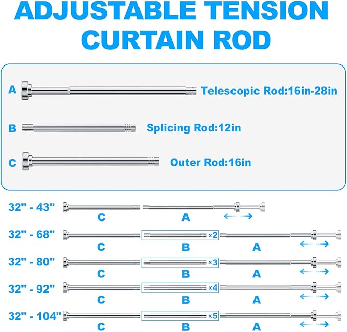 TEECK 2 Pack Shower Curtain Rod, 32-68 inch Adjustable Spring Tension Curtain - Image 7