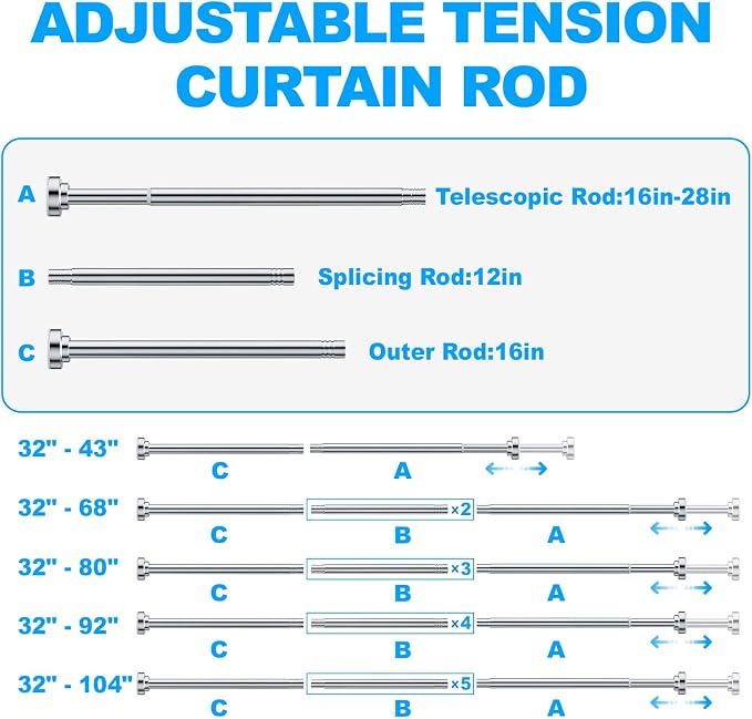 TEECK 2 Pack Shower Curtain Rod, 32-43 inch Adjustable Spring Tension Curtain - Image 6