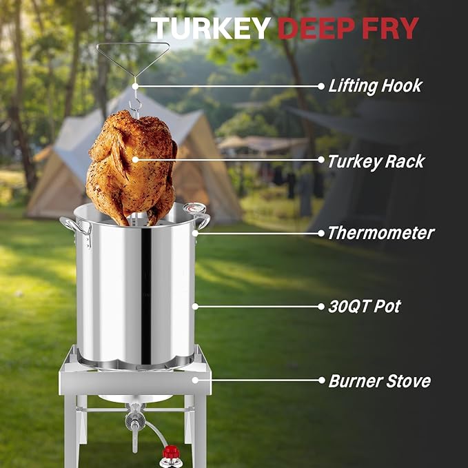 30QT Turkey Fryer Kit | Stainless Steel | Cover | Skimmer | 50,000BTU Burner | Outdoor Deep Fryers with Basket | Seafood Boil Pot | Crab Shirmp & Crawfish Boiler