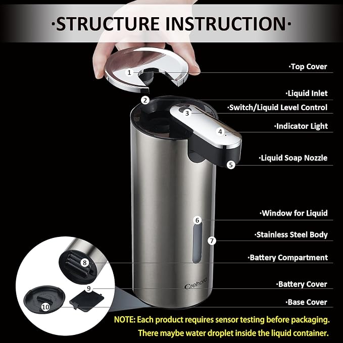 Automatic Liquid Soap Dispenser Touchless, Stainless Steel, 12oz/340ml | Hand - Image 5