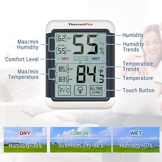 ThermoPro TP55 Digital Indoor Hygrometer Thermometer, 4-Inch Temperature / Humidity Monitor with Touchscreen and Backlit, Indoor Room Thermometer / Humidity Meter for House Home Greenhouse