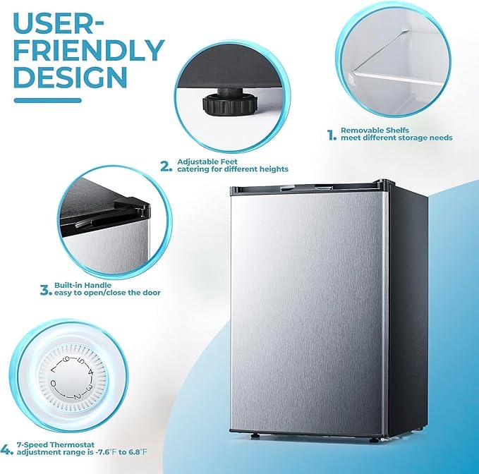 3.2 Cu.ft Small Upright Freezer, Mini Freezer with Adjustable Thermostat, Removable Shelves, Reversible Single Door, for Bedroom/Home/Dorms/Apartment, Silver