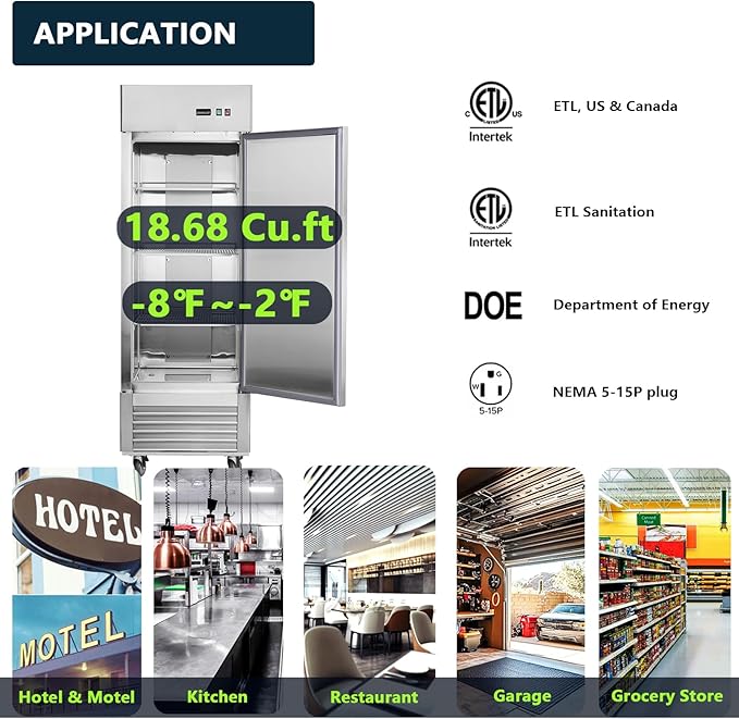 27”W Commercial Freezer Reach-in 18.68 Cu.Ft Single Solid Door, Stainless Steel Interior and Exterior Construction, Commercial Freezer Upright Fan Cooling Freezer for Restuarant, Bar, Shop and etc