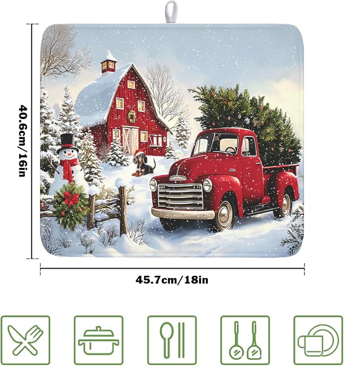 Giwawa Red Truck Dish Drying Mat Winter Xmas Tree Drainer Rack Pad 16"x18" - Image 2