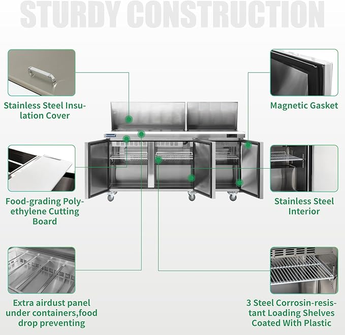 ICECASA 72" W Commercial Refrigerator Sandwich&Salad Prep Table Mega Top 3 Door Stainless Steel Counter Fan Cooling Refrigerator with 30 pans-72 Inches for Restaurant, Bar, Shop, etc