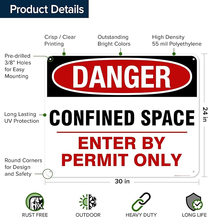 Danger Confined Space Enter By Permit Only Sign, 24x30 Inches, 55 mil thick HDPE (high density polyethylene), Made in USA by My Sign Center