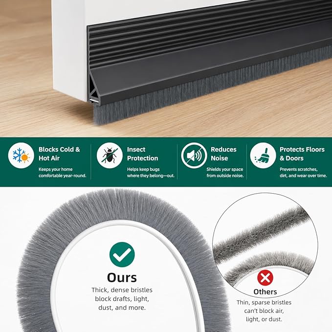 Door Draft Stopper with Brush, 1 Pack | Self Adhesive Weather Stripping - Image 6