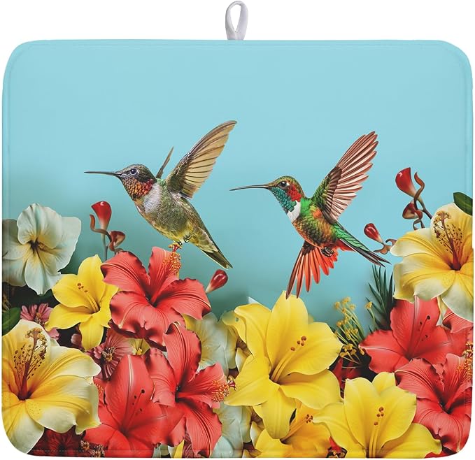 Kawani Hummingbirds Floral Dish Drying Mat by Kawani