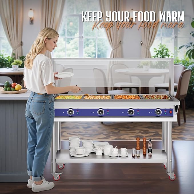 Jocisland 4-Pan 96QT Commercial Food Warmer, 1800W Stainless Steel Buffet Server with Independent Temp Controls, Acrylic Shield, Undershelf, Wheels, Food Tongs, 110V