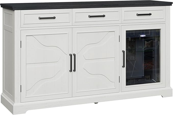 60" Farmhouse Coffee Bar Cabinet with Beverage Fridge (Included), Wine Bar Cabinet with Drawer Storage, Mini Fridge Cabinet, Sideboard Cabinet for Dining Room, Living Room-White