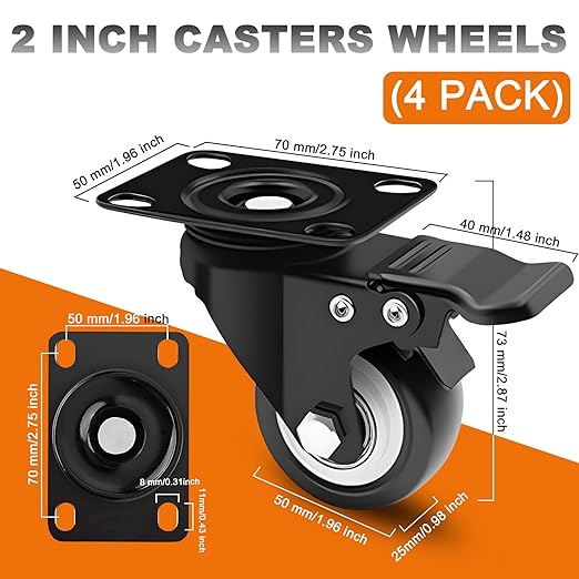 MSH&HCE 2 Inch Heavy Duty Locking Caster Wheels with Brake - 360° Swivel, 600lb Capacity - Quiet Casters for Furniture, Tables, Workbenches- Includes Screws, washers & Screwdriver(Set of 4)
