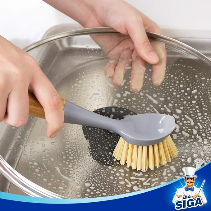 MR.SIGA Dish Brush with Bamboo Handle Built-in Scraper, kitchen sinks cleaning - Image 3