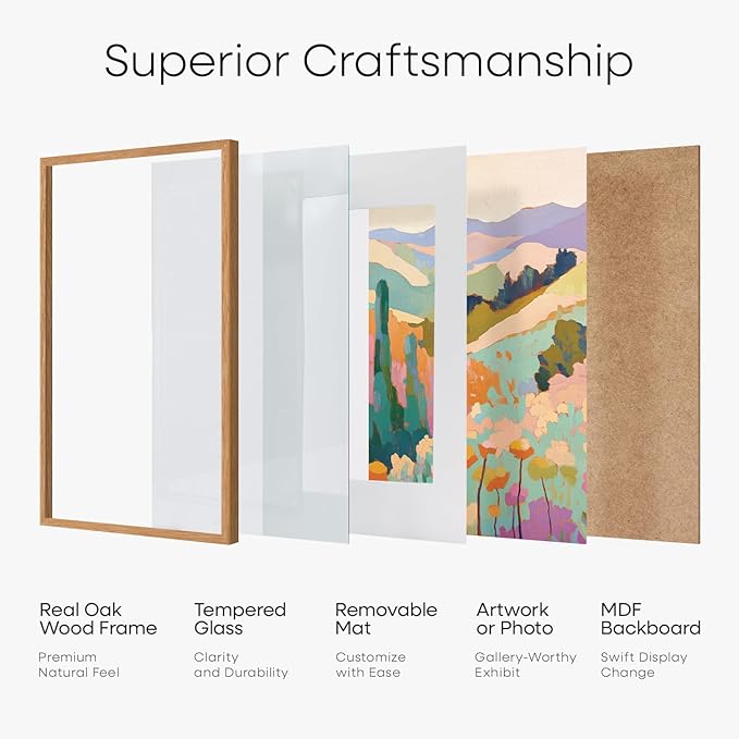 Homeforia 6x8 Picture Frame Natural Wood, High End Oak 6x8 Light Wooden Frames with Mat 5x7 for Photo, 6 x 8 Frame Matted to 5 x 7 Print, 8x6 Wall or Tabletop Frame, Tempered Glass, Wall Kit, Set of 3