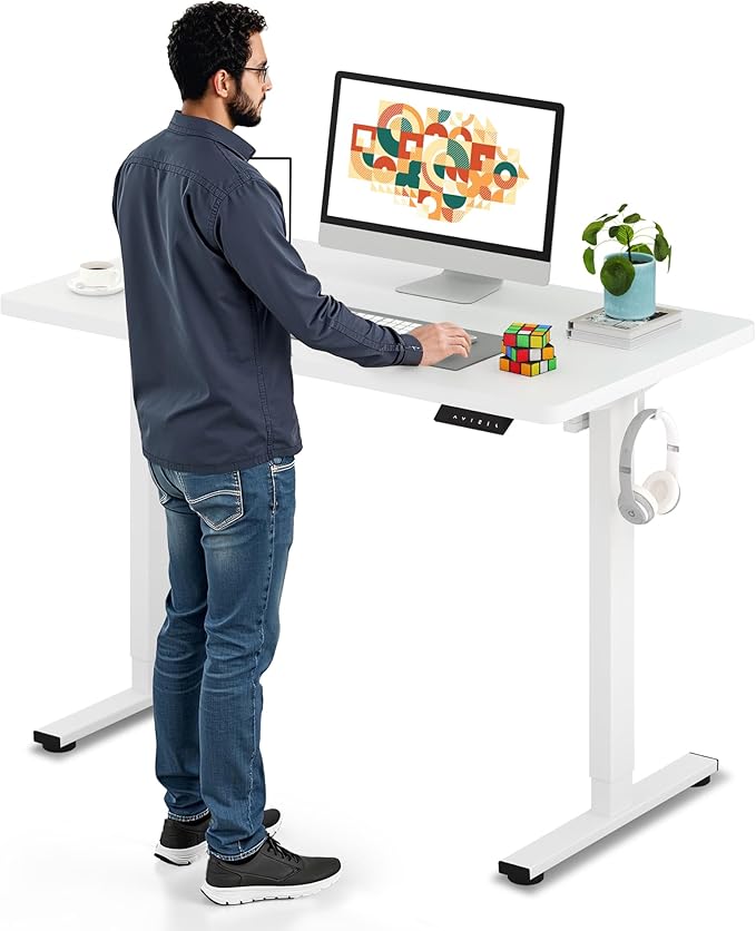 SANODESK Electric Standing Desk 48 x 24 Inches Whole-Piece Desktop Height Adjustable Stand Up Desk w/6-Button Controller Ergonomic Computer Desk for Home Office, White Frame + White Tabletop