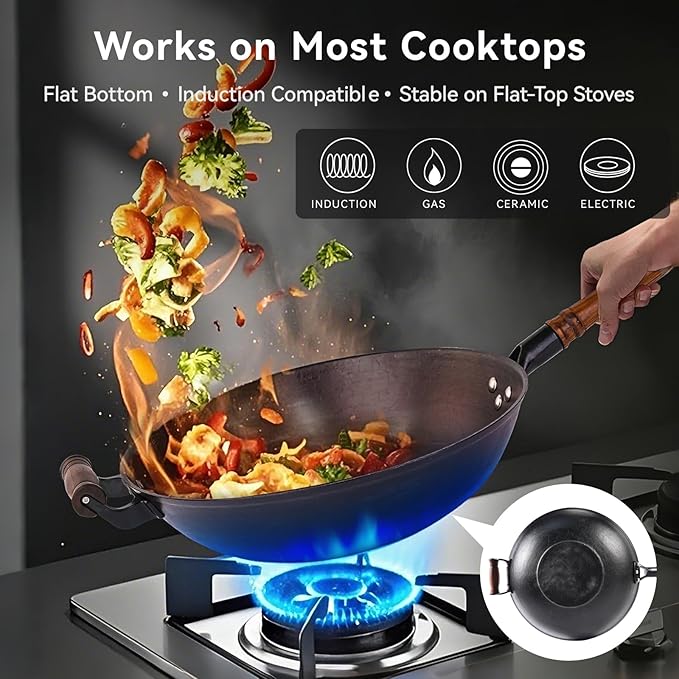 WANGYUANJI Cast Iron Wok Pan 13.4 Inch, Flat Bottom Chinese Stir Fry Wok with Wooden Lid & Handle, Textured Uncoated Large Wok Skillet for Induction Cooktop, Gas & Electric, Seasoning Recommended