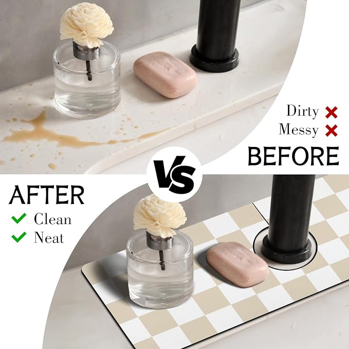 Light Brown White Checkered Kitchen Sink Splash Guard Faucet Mat, Faucet - Image 3