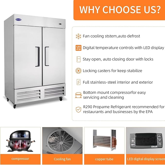 54" W Commercial Refrigerator with 2 door Stainless Steel 49 Cu. Ft Reach-in Refrigerator 6 Adjustable shelves Fan Cooling Fridge for Restaurant, Commercial Kitchen, Shop, ETL Certification