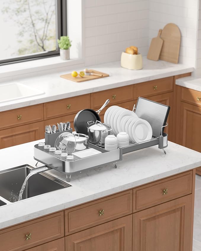 Kitsure Expandable Metal Dish Drying Rack, 16.1-26.6" L x 12.6" W, Auto-Drain - Image 2