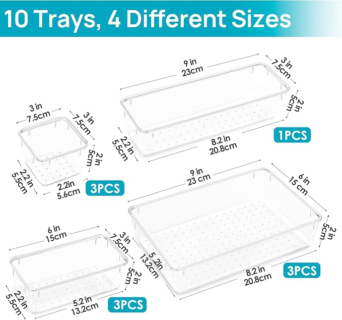 Vtopmart 10 Pack Clear Drawer Organizer Bins, 4 Sizes Makeup Storage Trays | - Image 6