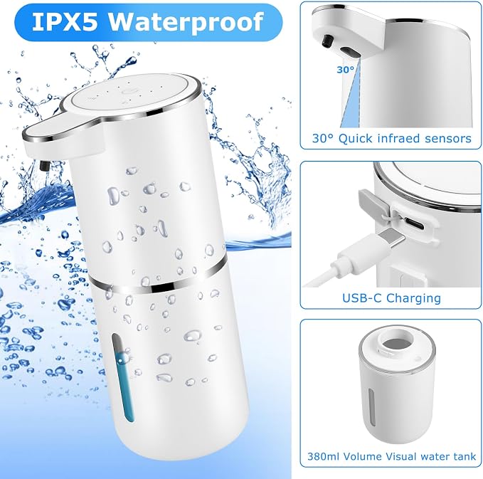 2 Pack Automatic Soap Dispensers, 12.8oz/380ml USB Touchless Automatic Foaming - Image 5