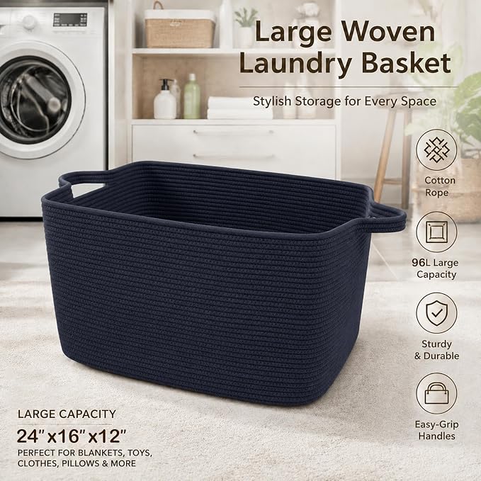96L Woven Laundry Basket with Handles, Extra Blanket Basket - Image 5