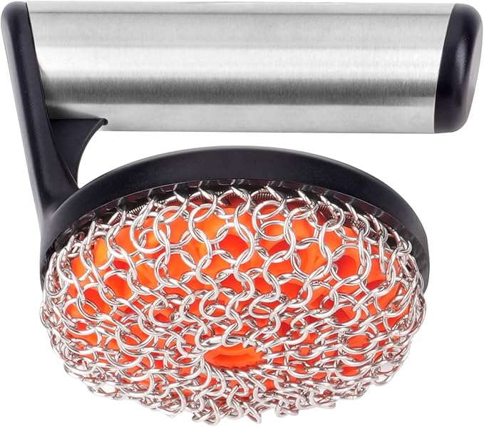 Skyflame Cast Iron Scrubber with Handle, Stainless Steel Chainmail Scrub, Skillet Cleaner/Brush for Cast Iron Pans, Griddles, Dutch Oven and Grills