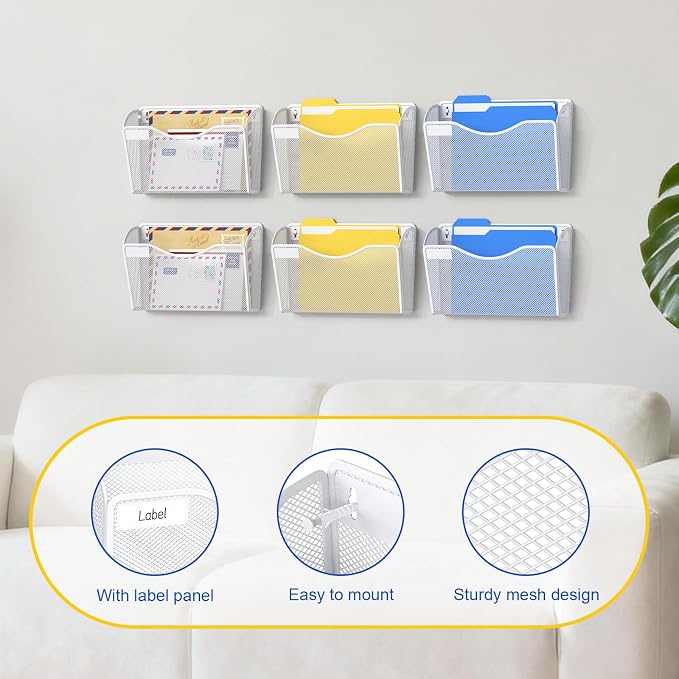 samstar 6 Pack Mesh Wall Mounted File Holder Metal Wall File Pocket Mail - Image 3