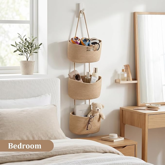 TeoKJ Over the Door Hanging Basket, 3-Tier Woven Cotton Wall-Mounted Storage - Image 8